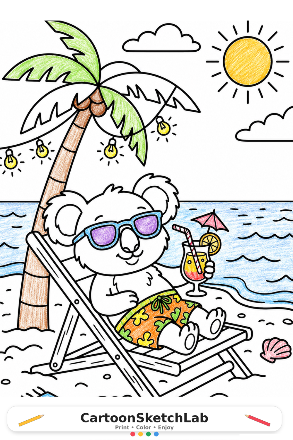 Beach Chill Koala Coloring Page for Kids Online Fun coloring page thumbnail