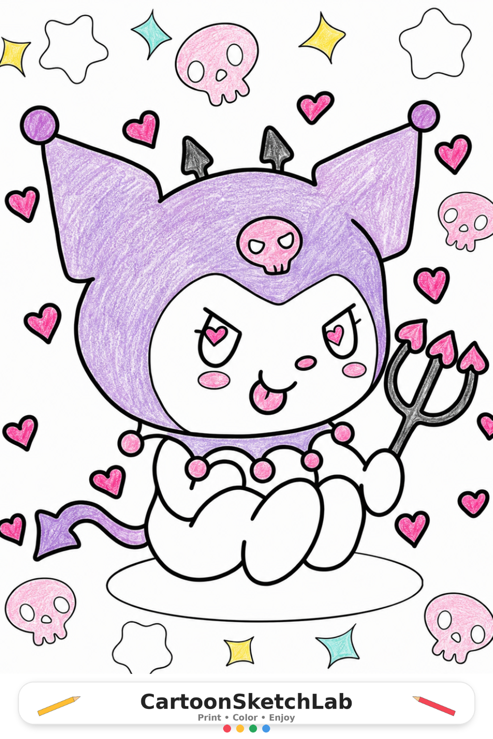 Cute Evil Kuromi Coloring Sheet for Preschoolers | Easy Kawaii Coloring Page coloring page thumbnail