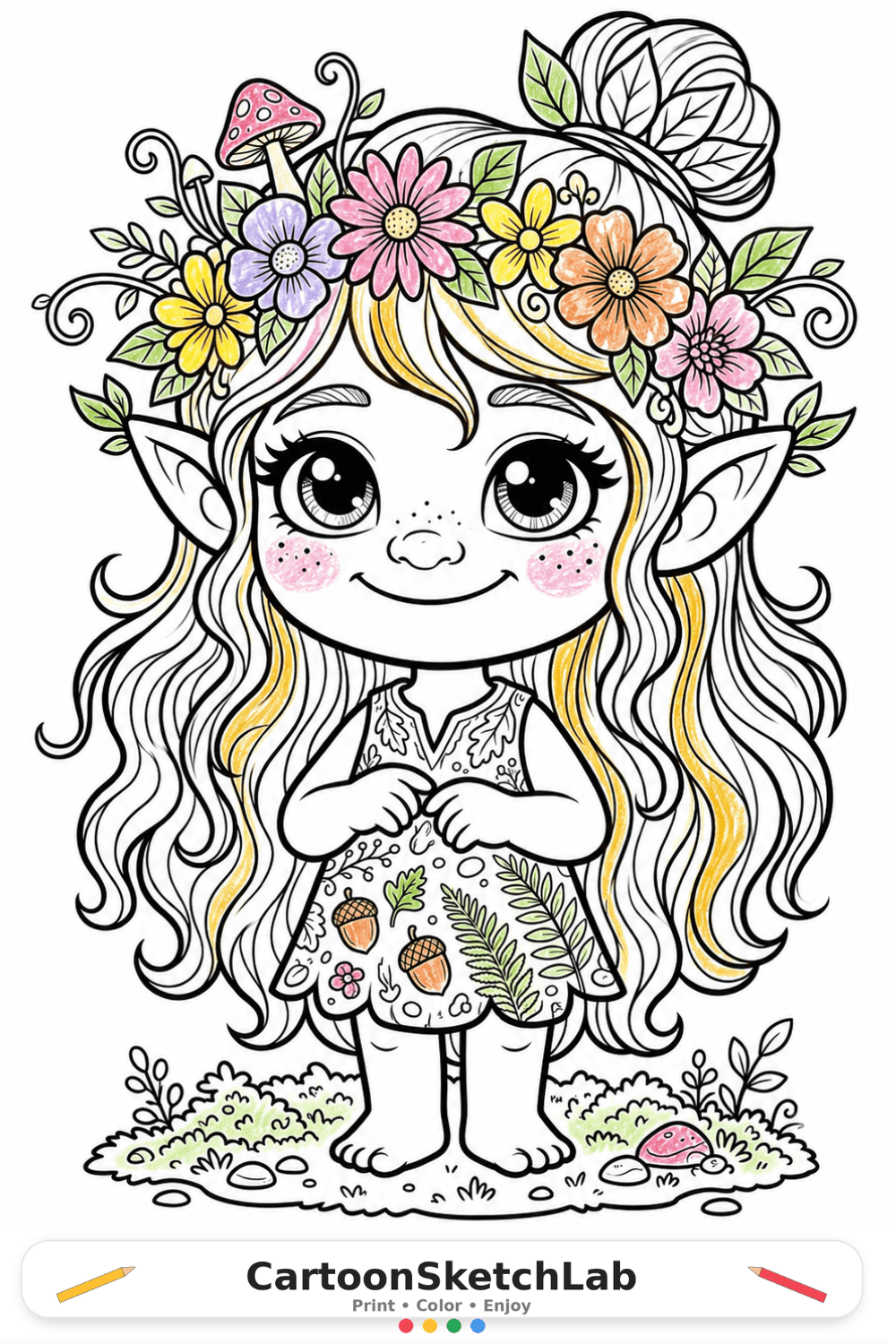 Cute forest elf girl coloring page thumbnail with approximately 30 percent of the flower crown, hair, dress, and woodland details colored