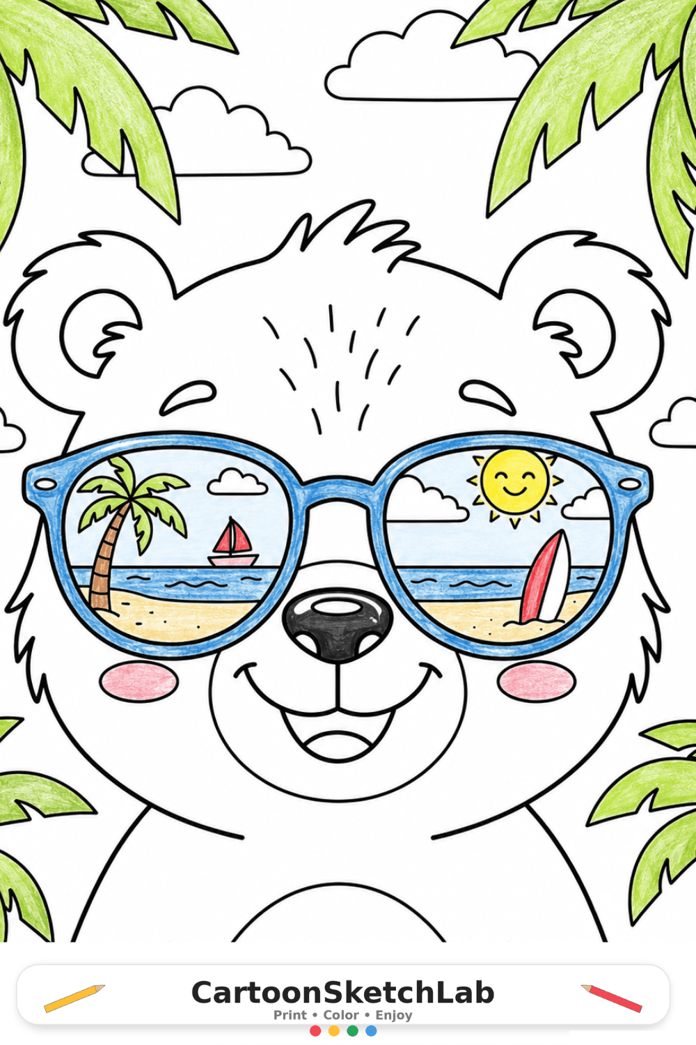 Cute koala wearing sunglasses on a summer beach coloring page for kids