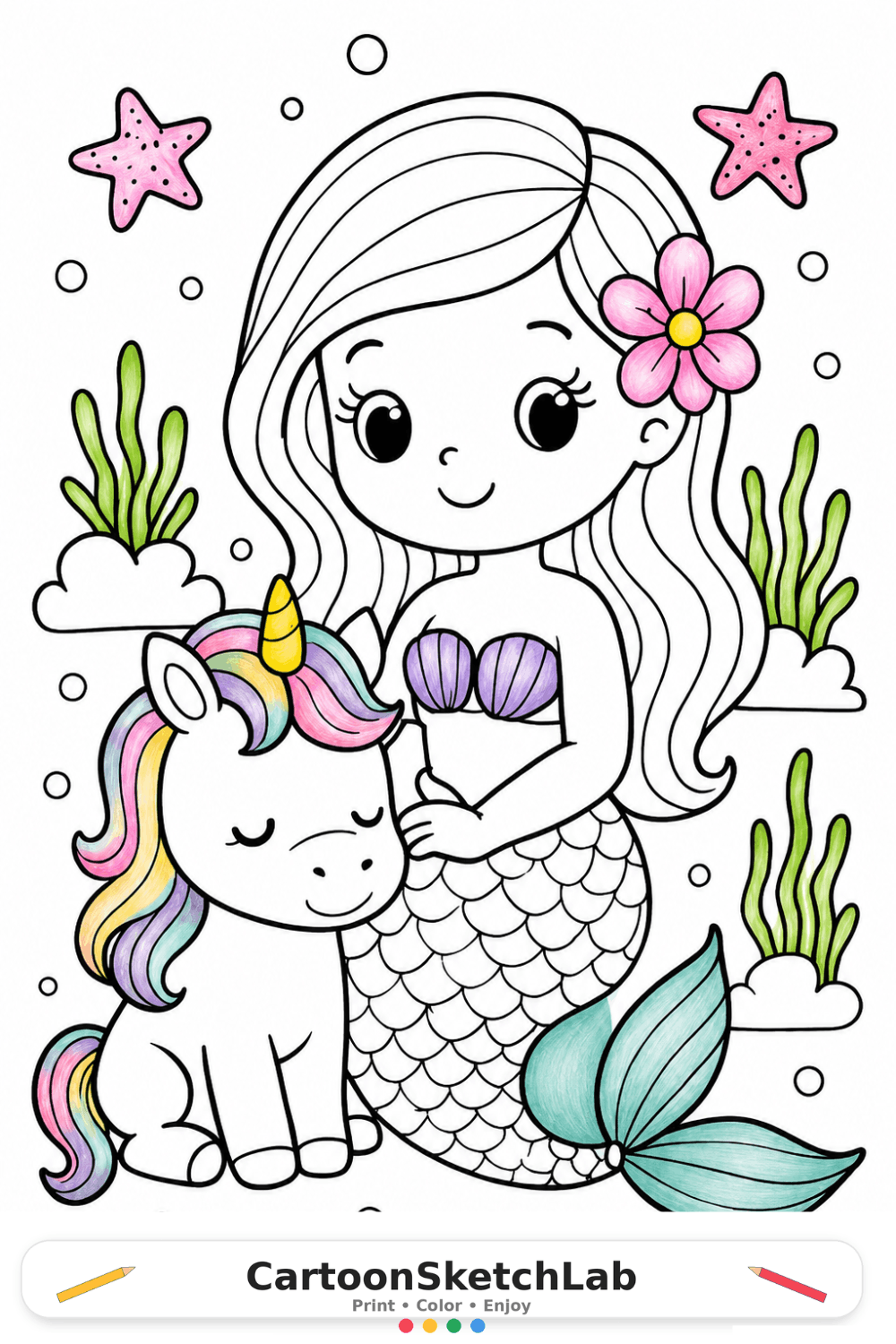 Beginner-friendly mermaid unicorn coloring page with ocean details and cute characters