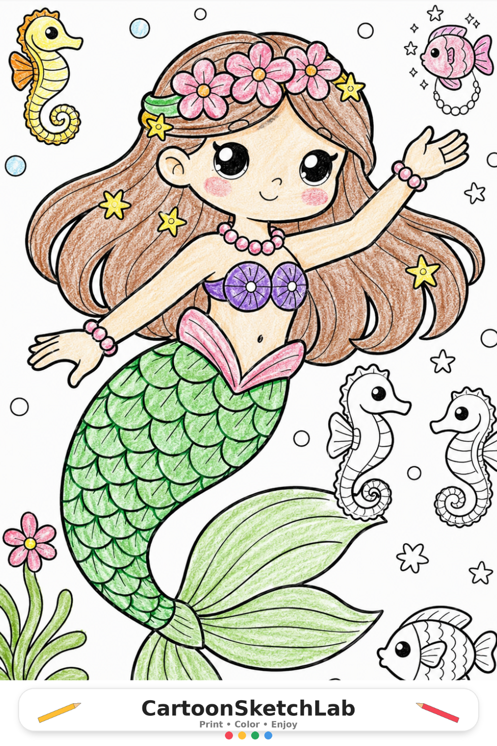 Cute Mermaid Coloring Page Printable Underwater Coloring Sheet for Kids coloring page thumbnail