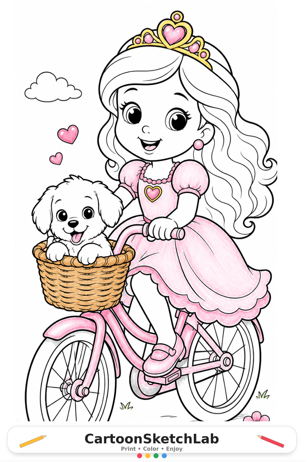 Cute princess riding a bicycle with an adorable puppy coloring page for kids