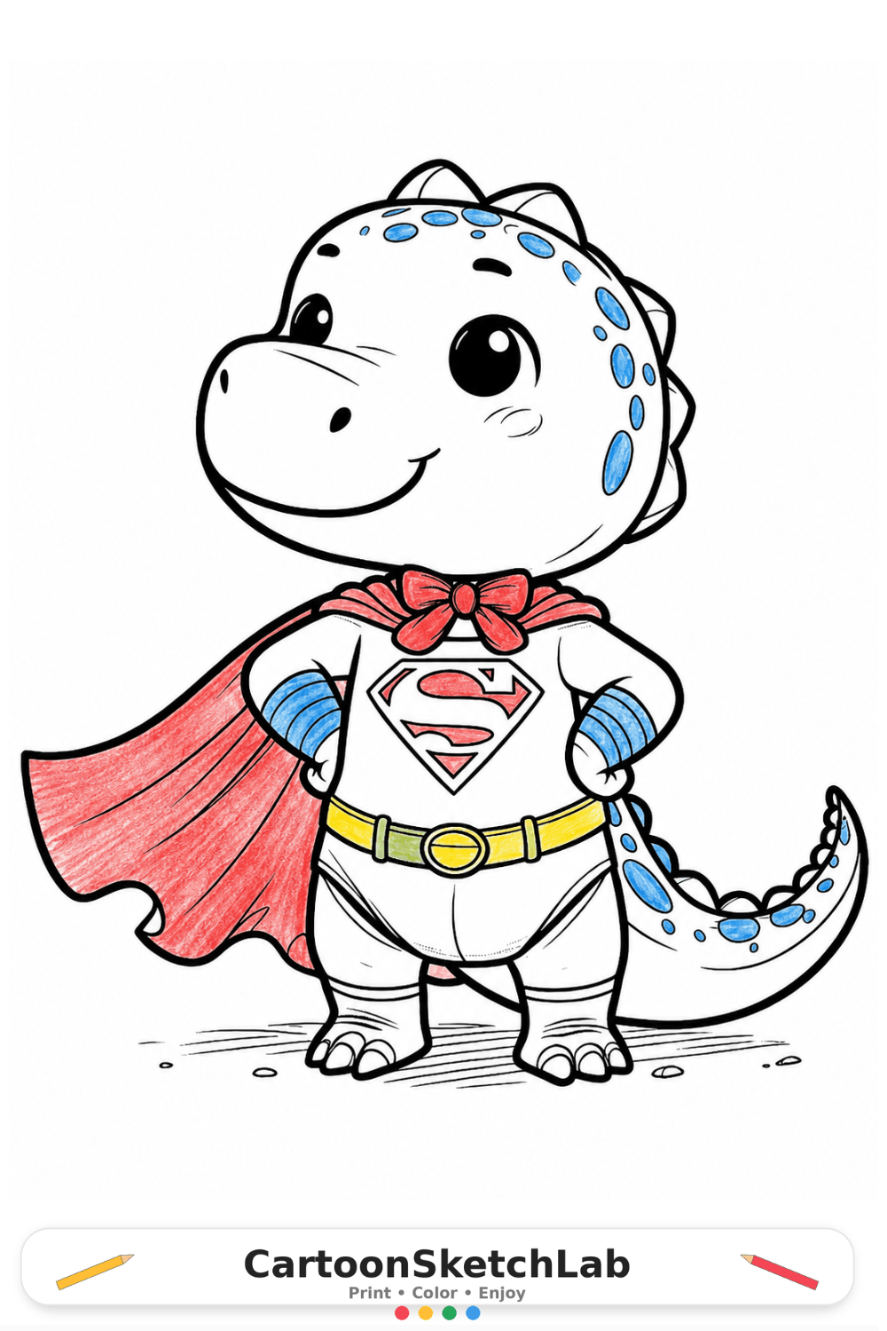 Adorable superhero dinosaur wearing a cape and hero outfit coloring page for kids