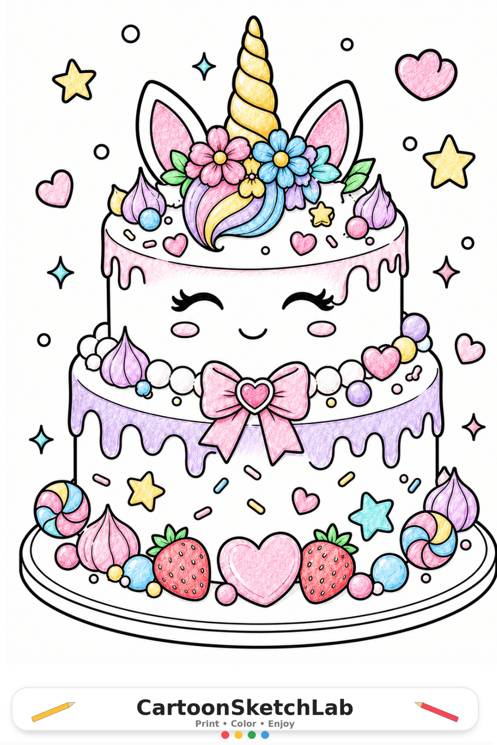 Cute unicorn cake decorated with flowers, hearts, stars, strawberries, and candies coloring page for kids