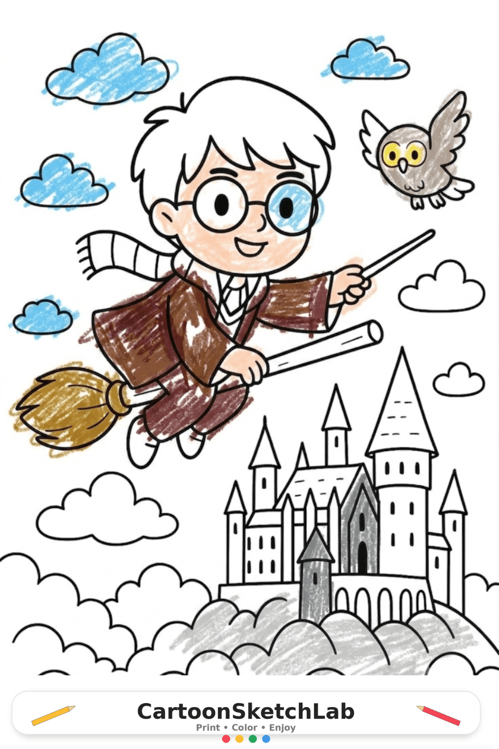 Cute boy wizard flying on a broomstick above a magical castle with an owl coloring page for kids