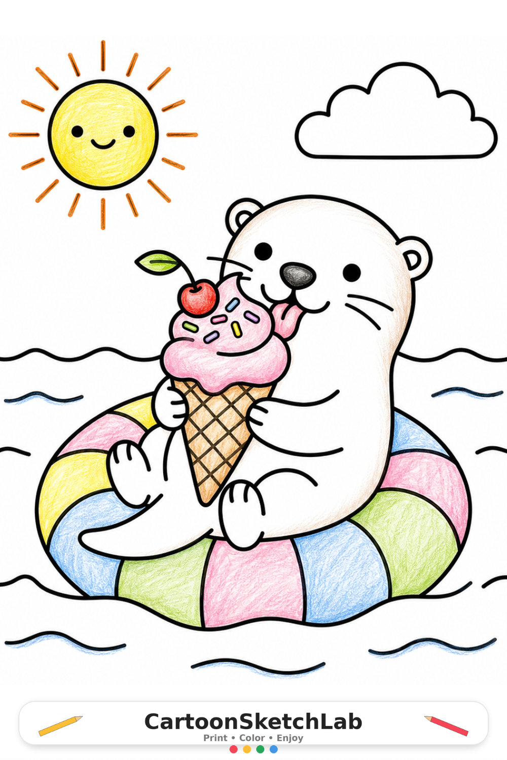 Otter Summer Pool Ring Coloring Page for Kids | Cute Summer Animal Coloring coloring page thumbnail