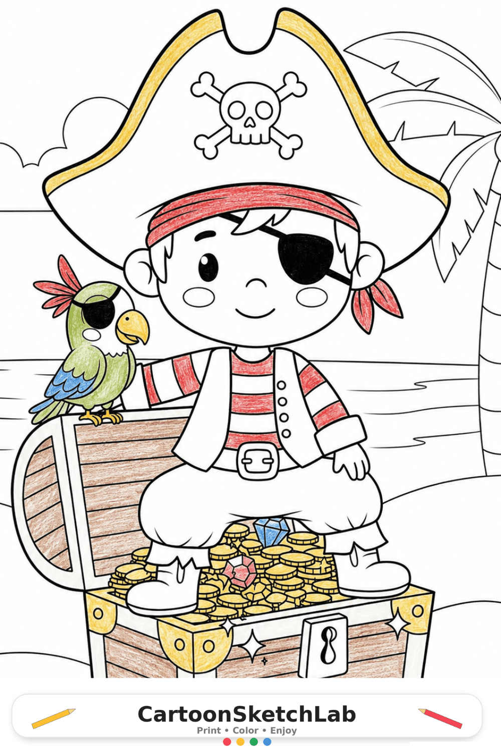 Cute pirate boy standing on a treasure chest with coins, gems, and a playful parrot coloring page for kids