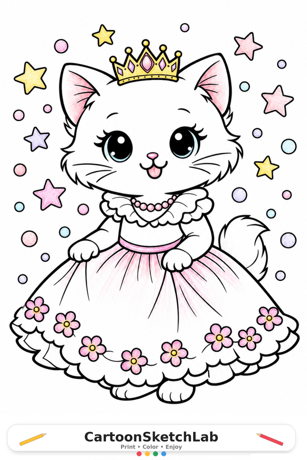 Adorable princess cat coloring page with a sparkling crown and flower dress for kids