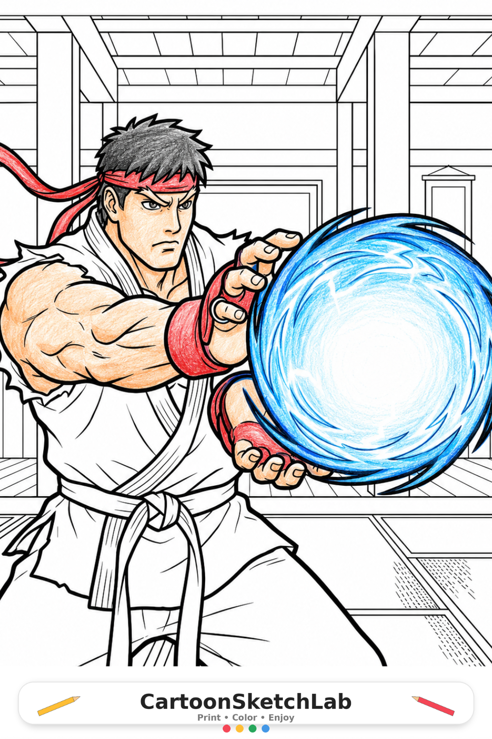 Ryu Blasting a Glowing Hadouken Coloring Page | Fighting Game Coloring for Kids coloring page thumbnail