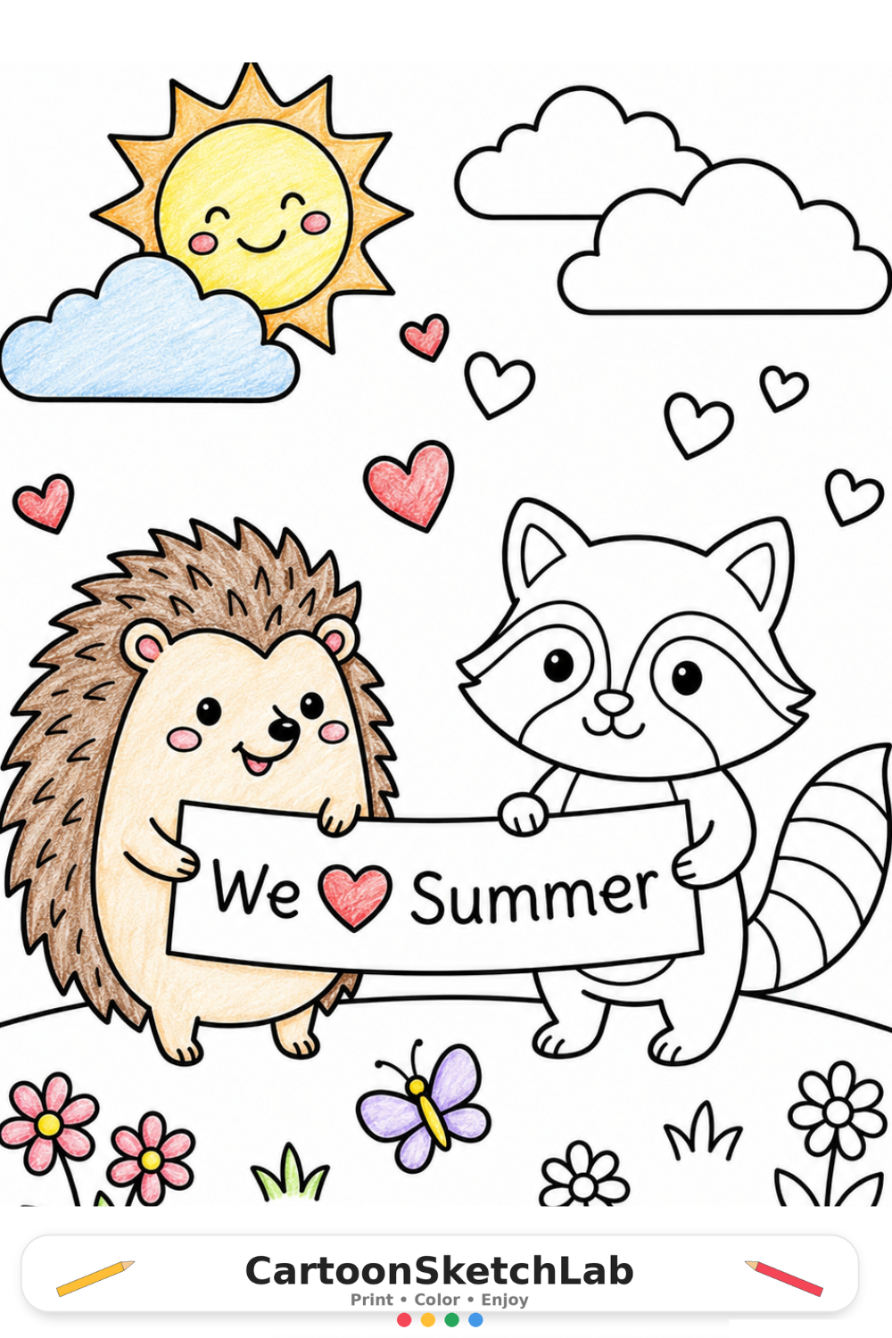 Summer Hedgehog and Raccoon Coloring Page for Kids coloring page thumbnail