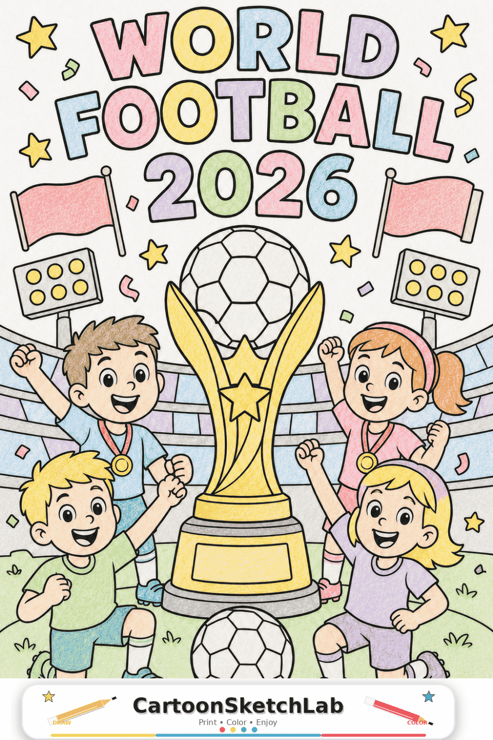 Black-and-white World Football 2026 coloring page for kids with cartoon soccer players, a trophy, flags, stars, and stadium details.