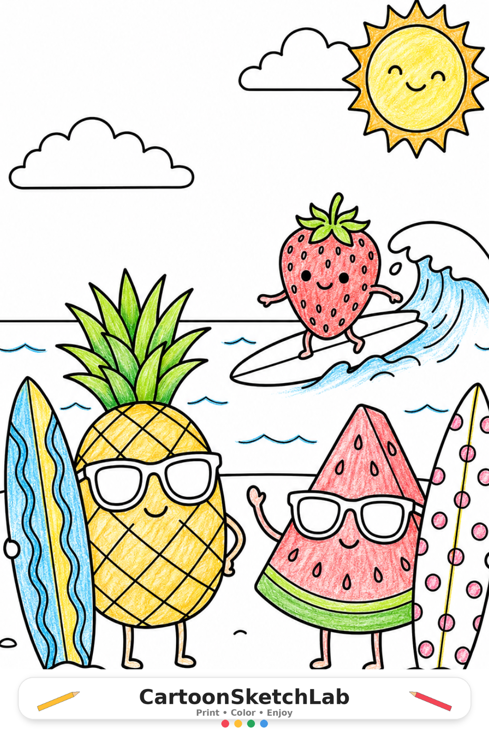 Fruity Surfing Trip Coloring Page for Kids | Fun Fruit Cartoon Activity preview image
