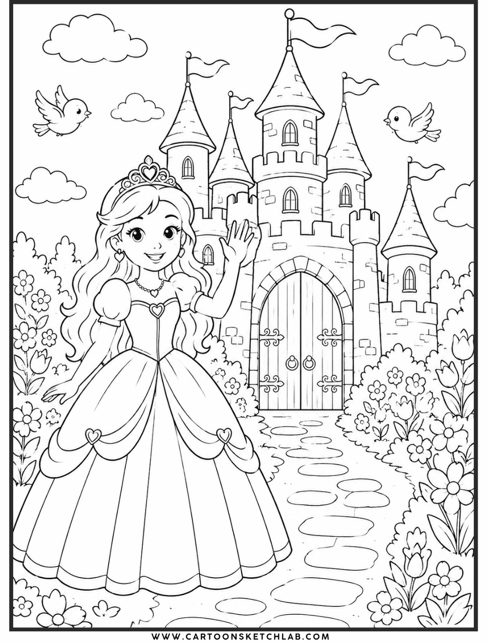 Black-and-white princess castle coloring page for kids with flowers, birds, clouds, and a fairy tale garden.