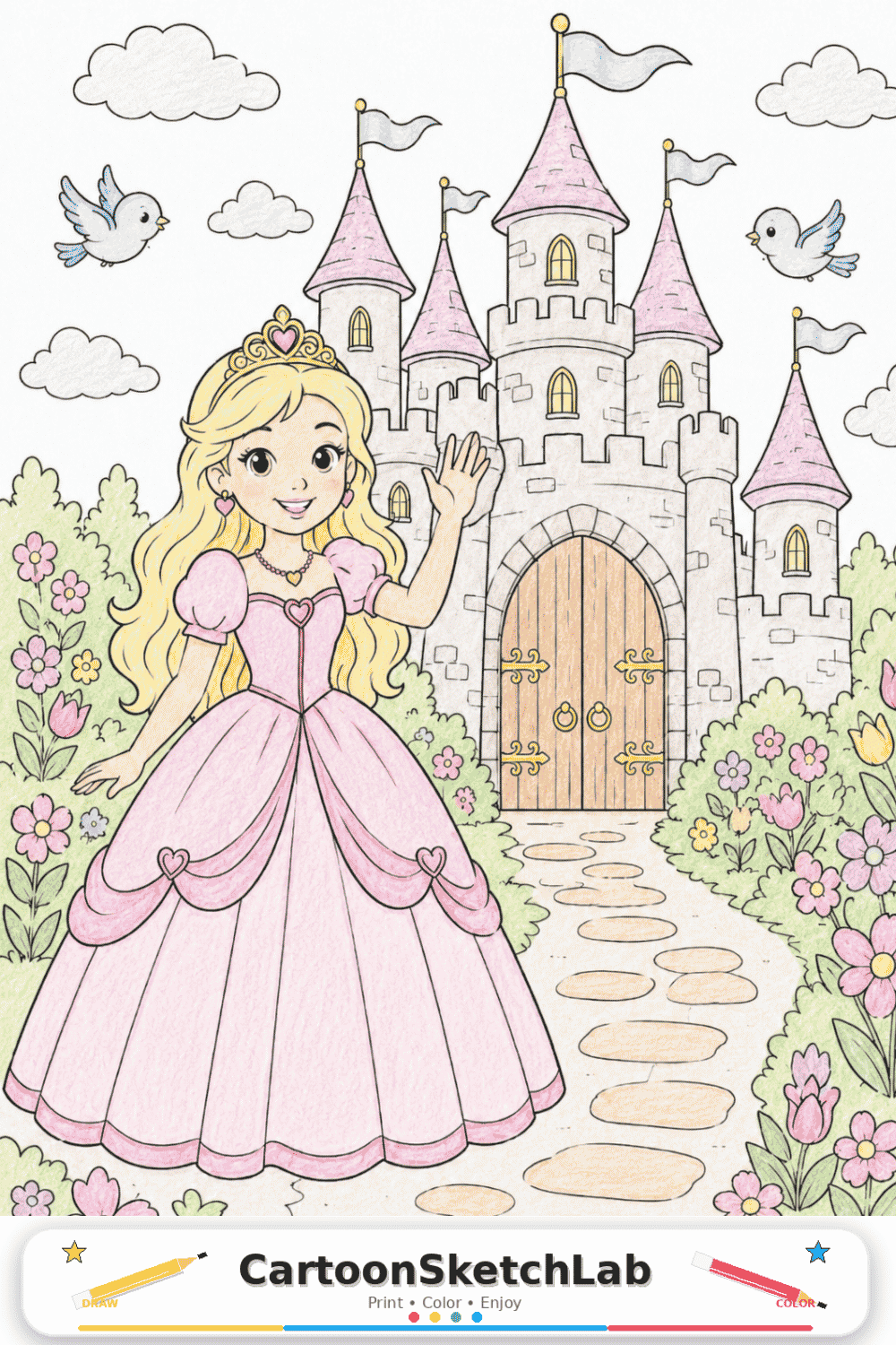 Princess Coloring Page for Kids | Printable Castle Princess Sheet preview